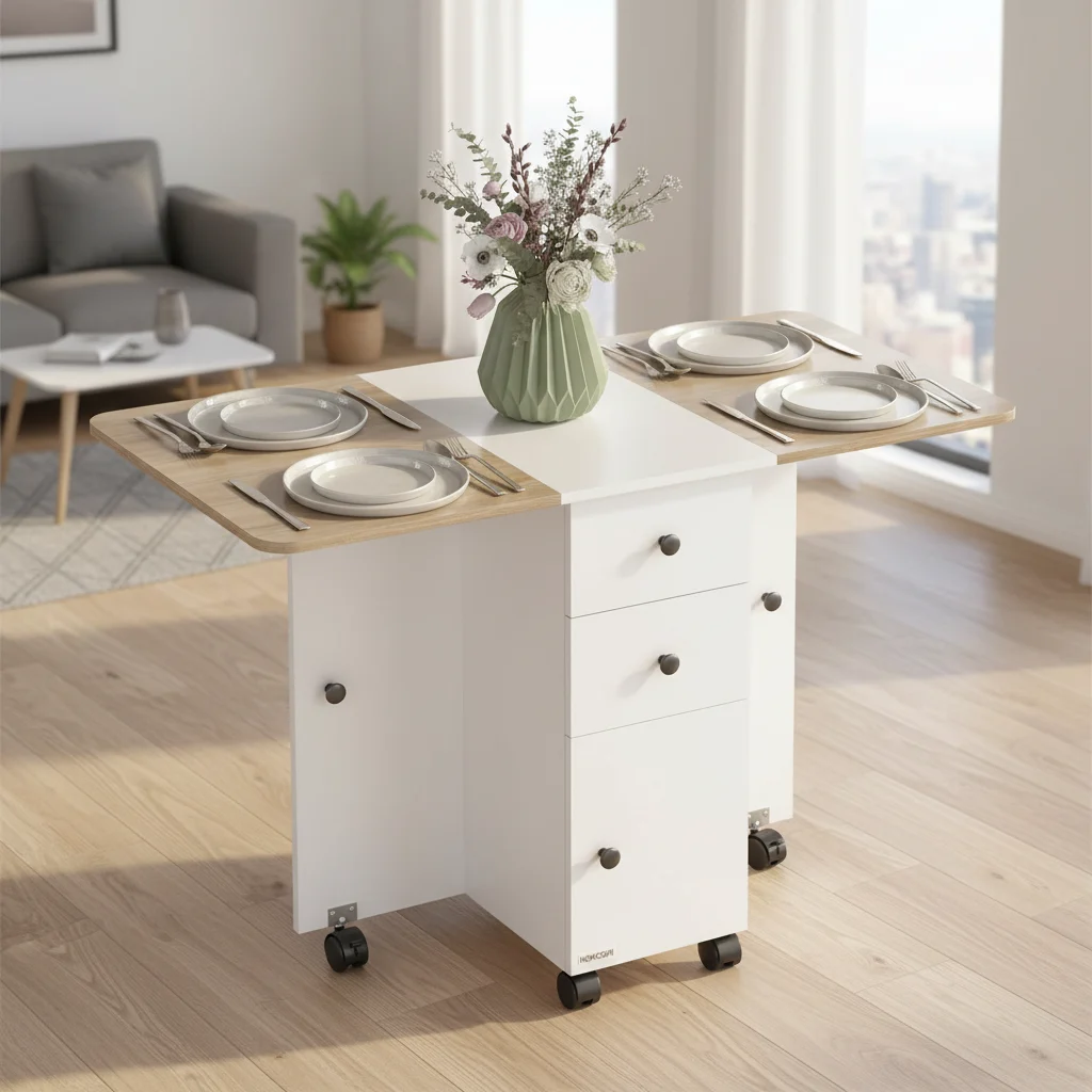 Mesa plegable de comedor con ruedas y alas abatibles