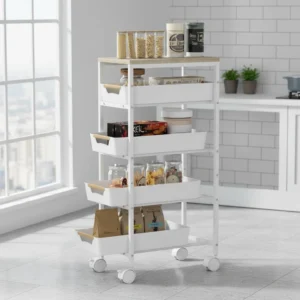 Carro de cocina estrecho con ruedas y 4 cajones