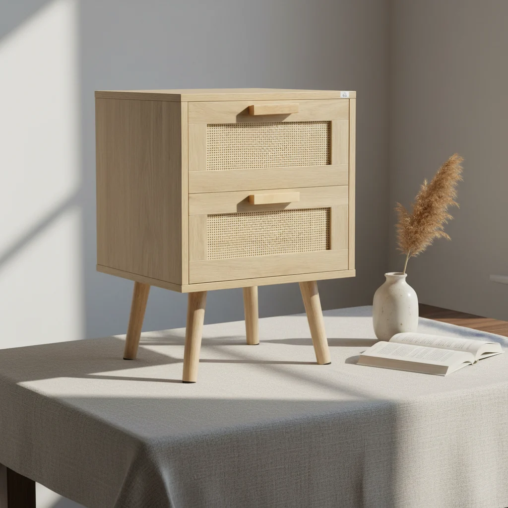 Cajón de rejilla de mimbre y patas de madera