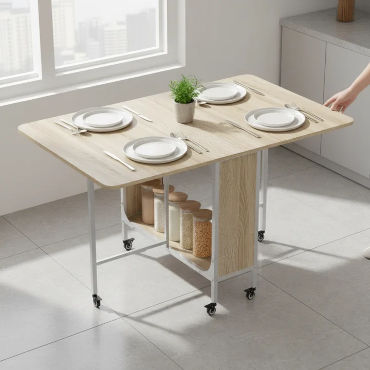 HOMCOM Mesa Plegable de Comedor con Ruedas Alas Abatibles y Estante de Almacenamiento Mesa...